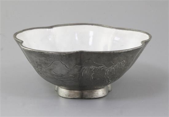 A Chinese Yixing pottery pewter mounted bowl, Daoguang period (1821-50), w. 21.3cm